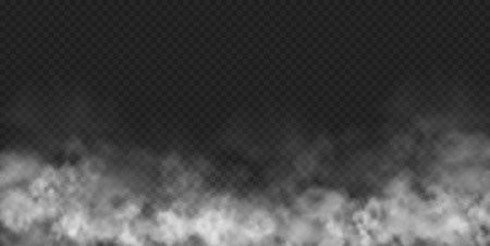 Growing smoky fog, mist or vapour from groud, realistic illustration. Cloud or stream effect, halloween scene decoration and spooky atmosphere, clubs of fluffy dramatic smoke or hazeのイラスト素材