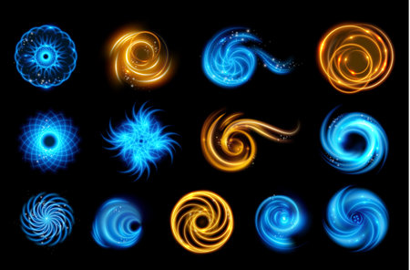 Abstract spiral lights in motion, swirls and waves, realistic illustration collection. Isolated flashes and glowing in circular shapes. Rotation flares and speed, curves and shiny formsのイラスト素材