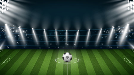 Stadium field with football ball and spotlights illumination, realistic illustration. Sports match or soccer tournament in arena with bright lights and shiny glowing for focusing attentionのイラスト素材