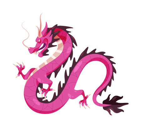 Pink cartoon dragon fairy tale baby, prehistoric chinese animal, old dinosaur reptile. Vector illustration of korean legend dragon with wings, fantasy mythology creature, wild lizardのイラスト素材