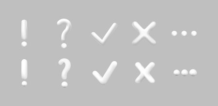 3D exclamation and question mark, check and cross, tick and continue sign. 3d emblems with computer...