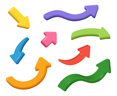 3d arrows, colorful pointers to left and right, destination and direction symbols. Color curly arrows, target or goal, collection of arrow shapes, web design elementsのイラスト素材