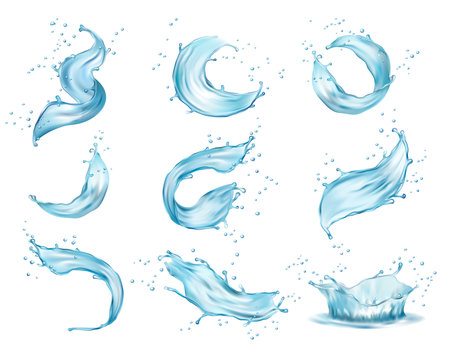 Water crown splashes and wave swirl with drops, realistic design. Vector clear aqua falling or pour with air bubbles. Blue liquid splashing fluids with droplets, isolated fresh drink 3d elementsのイラスト素材