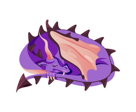 Sleeping dragon with tail and wings, fairy monster. Vector illustration of wildlife medieval lizard, kids fantasy pet, childish dino prehistoric animal. Lying mythical beast, baby reptileのイラスト素材