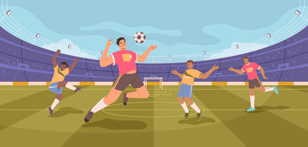 Soccer stadium players. Football match, athletes fighting, kicking ball vector flat cartoon illustration. Dynamic poses of people in uniform, tense moment on field. Football team championshipのイラスト素材