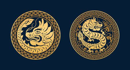 Gold dragon zodiac symbol, Chinese New Year 2024 round banner or coin. Asian horoscope character, decoration for spring festival, greeting card and tattoo design element, lunar calendar CNY signのイラスト素材