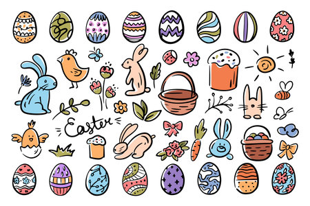 Spring holiday personage, isolated easter bunny and chocolate eggs for holiday hunt. Vector doodles of cakes and baskets, flowers and chickens. April celebration for cards and invitationsのイラスト素材