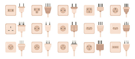 Power sockets with different plugs, isolated electric connector for appliances. Vector changing equipment, ac and supply of energy. Multiple electrical ports for homes or office building wallsのイラスト素材