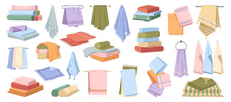 Textile for wiping face and hands, isolated soft towels folded or rolled, placed in pile or hanged on ring. Vector bathroom and kitchen fabric for cleaning, hygiene and spa or beach designのイラスト素材