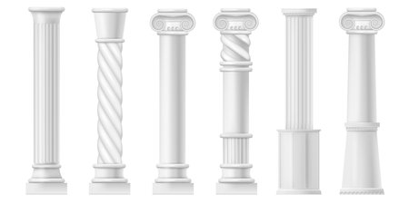 Realistic antique ionic columns, greek or roman culture. Vector isolated marble antique architecture elements of facade of building or temple, exterior and interior design. Vertical flutingsのイラスト素材