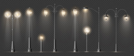 Classic and modern lights on column for town and city streets. Vector isolated lamps with glowing illumination on road or sidewalk. Lanterns on metal posts, old lighting for nights and eveningsのイラスト素材