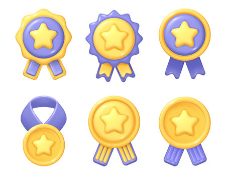 Gold medal with star and ribbon, symbol of success and victory. Vector isolated medallion, certificate with honors. Reward for winner of challenge or contest, sports or business event prizeのイラスト素材