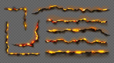 Burnt paper edges with fire and black ash. Vector isolated elements of borders and frames from scorched and smoldering sheets. Torn grungy texture on transparent background, holes on pageのイラスト素材