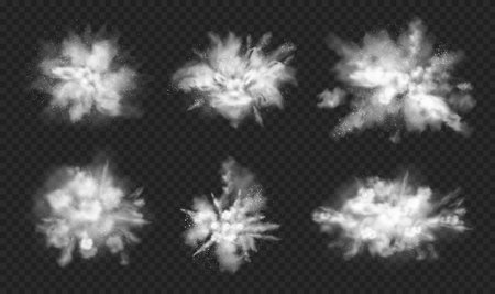 White powder explosion with dirt and cloud of smoke. Vector isolated splash or splatter of flour or sand with particles. Flying dusty burst on transparent background, realistic haze effectのイラスト素材
