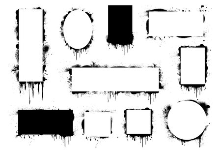 Grungy street art, isolated geometric empty frames with leaking ink and splashes. Vector spray paint graffiti, rectangle and square, circle borders with blobs and splatters spots flowingのイラスト素材