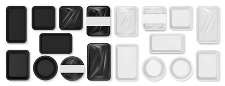 Empty styrofoam containers with transparent film wrapper. Vector isolated realistic boxes for food, plastic trays of rectangle, square and round shape. Blank packaging with cellophane for mealのイラスト素材
