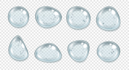 Clear serum drops with air bubbles isolated on transparent background. Vector isolated droplets of round shape, realistic dew or raindrops, pure aqua. Liquid on surface, condensate or gelのイラスト素材