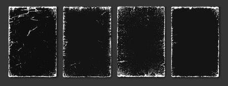 Aged and faded old frames with scratched corners and worn sides. Vector vinyl album cover, poster or banner empty copy space. Sticker with grainy texture, crumpled and distressed designのイラスト素材