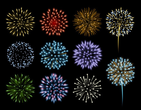 Fireworks and pyrotechnics at night sky, glowing and bursting colorful light. Vector isolated composition of sparkles and glitters, bright performance for holiday, festival or party celebrationのイラスト素材