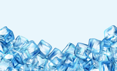 Realistic icy square blocks stacked, pile of frozen water pieces. Vector background with copy space, banner with crystal clear transparent icicles. Frame for advertising or commercials adのイラスト素材