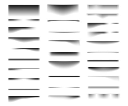 Shade border line with soft and blurred black shadow. Vector isolated bottom overlay of sheet of paper or document, box or prolonged object. Page edge layout, falling light effect front viewのイラスト素材