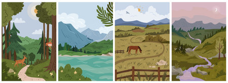 Forest mountains lake steppe field river hills poster, flat cartoon vector illustration. Forest with...