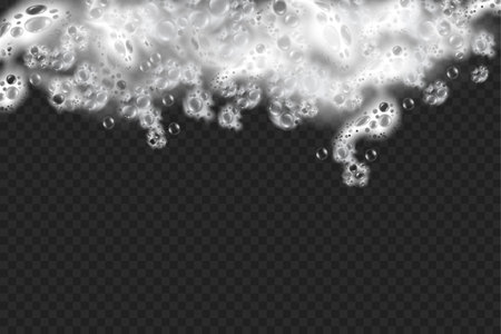 Water with bubbles and soap, realistic illustration. Washing texture and cleaning detergent or cosmetic product suds and foam. Soapy liquid, shampoo or gel, tidying up splashes and dropsのイラスト素材