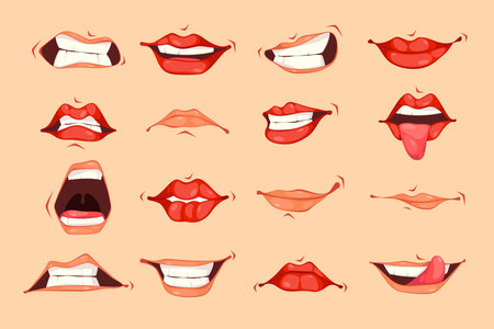 Facial expression part, isolated mouths of personages and characters. Vector mimics and emotions, non verbal language. Smiling and showing tongue, feeling of sadness and anger, shoutingのイラスト素材