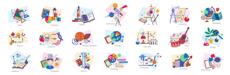 Disciplines and subjects at school, lessons and classes of math and English, physics and anatomy. Vector icon for education, philosophy and literature, history and geology, chemistry and musicのイラスト素材