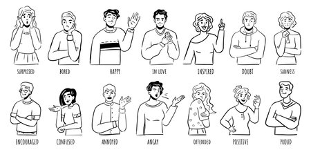 Emotional people showing emotion and expressions. Vector flat cartoon, isolated men and women with surprised face, happy or annoyed, positive or proud, confused or encouraged, in love or inspiredのイラスト素材