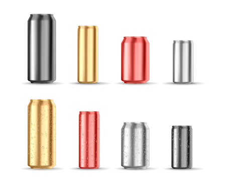 Realistic aluminium can for soda drinks mockup template. Vector illustration of containers for beverages, steel bottles for beer or cold water or juice drinks. Liquid products packagingのイラスト素材