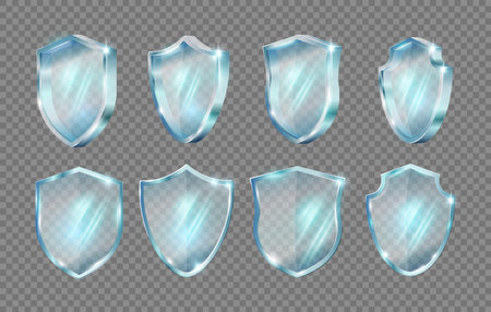 Realistic crystal or glass shields set with sparkle. Vector isolated light transparent cover for award. Defense and protection concept, guard and safety. Honor or certificate base mockupsのイラスト素材