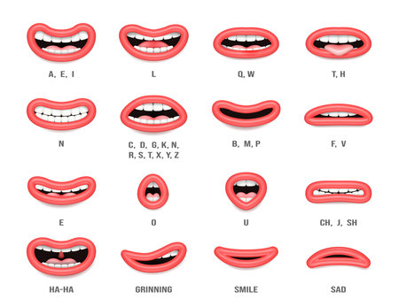 Realistic mouth sync. Vector talking lips for cartoon character animation and english pronunciation signs. Isolated female or make emotions and speaking articulation set with letters of languageのイラスト素材
