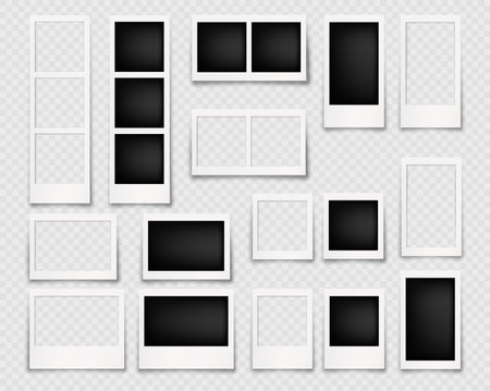 Realistic instant photo frames for pictures. Vector isolated empty squares for photography for album or memories. Exposition of graphics, mockup presentation of product advertisingのイラスト素材