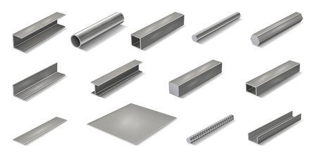 Steel pipes and tubes for building and construction. Vector isolated metal pipeline for industry and factory, engineering and manufacturing metallic supply and production for drainage pipingのイラスト素材