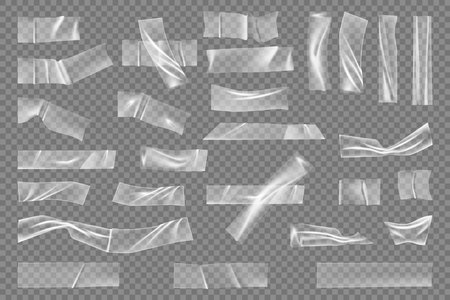 Crumpled realistic plastic strip with creased texture and folding. Vector isolated sticky tape or bandage, path, or foil with wrinkles. Polyethylene product set of adhesive clear stripesのイラスト素材