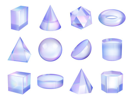 Geometric gradient holographic figure or shape. Vector isolated 3d realistic figurines, pyramid and cone, sphere and semicircle, podium and square box. Glass or transparent unblurred crystalsのイラスト素材