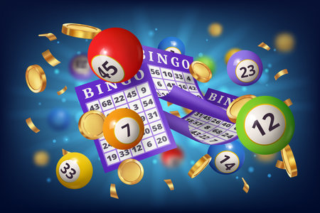 Winning money in casino, playing bingo game and getting prize. Vector realistic ticket with numbers to cross, balls and dollar golden coins. Opportunity and success, jackpot and gambling luckのイラスト素材
