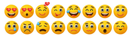 Funny emotions, isolated faces with expressions. Vector laughing and crying, sad and happy, in love and furious or angry. Wow amazed or surprised personage, joyful character headのイラスト素材