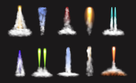 Taking off or launching rocket trail, isolated set of flames and fumes, smokes and fire. Vector spaceship or plane, jet of missile vapor. Realistic 3d effect of explosion steam from flyingのイラスト素材