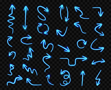 Neon light orientation and navigation arrows. Vector glowing thin line lines directional flat arrows illustration on black. Internet pictograms, website pointers or direction links, casino pointersのイラスト素材
