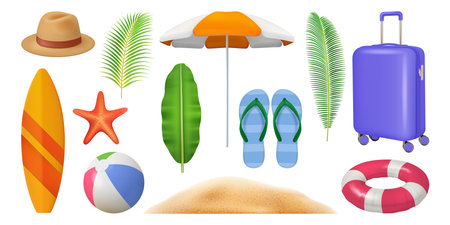 Summer season tropical vacation or rest items. Vector isolated set of baggage and lifebuoy, palm and banana tree leaves. Surfing board and hat, volleyball ball and flip flops, sand and sea starのイラスト素材