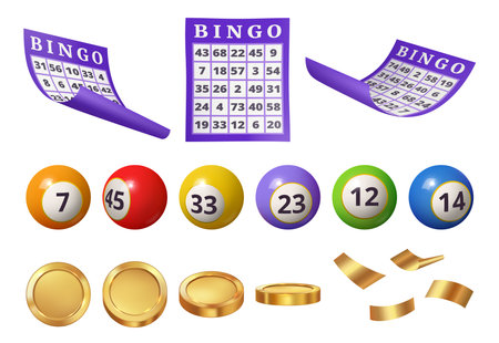 Gambling games playing and taking risk. Vector isolated realistic icons of balls with numbers, ticket and money prize. Confetti golden foil for celebration or jackpot and success victoryのイラスト素材