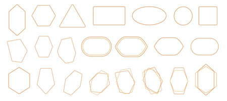 Realistic golden line geometric simple frames with copy space. Vector isolated blank borders, gold geometry shapes for social media or highlights. Triangles and circles, squares and ovalsのイラスト素材