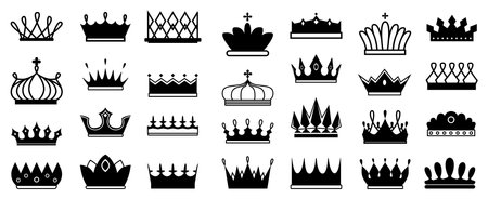Royal crowns, isolated set of simple silhouettes for game design or logotype. Vector luxury and monarch power, vintage jewelry with cross and jewels, symbol of wealth and authority in the countryのイラスト素材