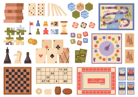 Leisure and fun activities, isolated board games for free time with friends and family. Vector field with steps, chips and flag, hourglass and abc letters, puzzles and fake money, chess and jengaのイラスト素材