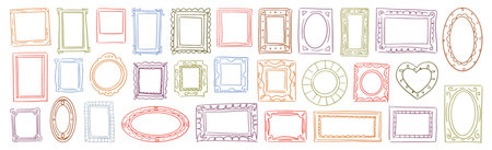 Geometric shapes of doodle picture or photo frames. Vector isolated square and heart shaped, rectangle and circle borders with empty copy space. Set of artistic banners or social media highlightsのイラスト素材