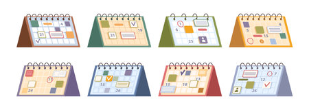 Calendars with tasks and business meetings, organizers and planners with checkmarks. Vector time management and productivity tools for work. Timetables and appointments with memos on pagesのイラスト素材