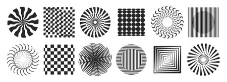 Motion effect and texture visual illusion and optical figures. Vector isolated geometric forms of square and circle. Swirling hypnotic monochrome uncolored wheels with rays and waves setのイラスト素材