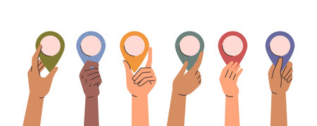 Arms holding empty navigation pins. Vector isolated hands with blank markers or destination pointers for maps and trips. Modern traveling and trips elements. Geolocation and tourism designのイラスト素材